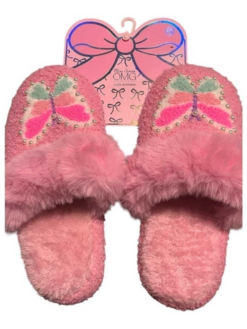 OMG Cozy Women's Pink Butterfly Fuzzy Slippers